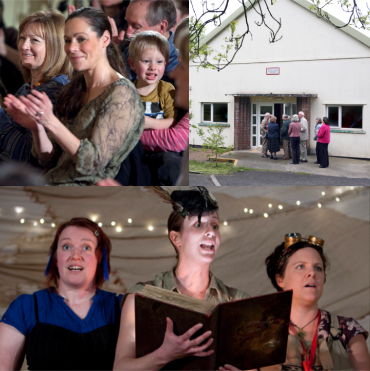 3 image montage- a woman clapping, a community hall and 3 women on stage  Llun/ Image lady clapping, village hall with audience outside, 3 female performers Credit:Betina Skovbro